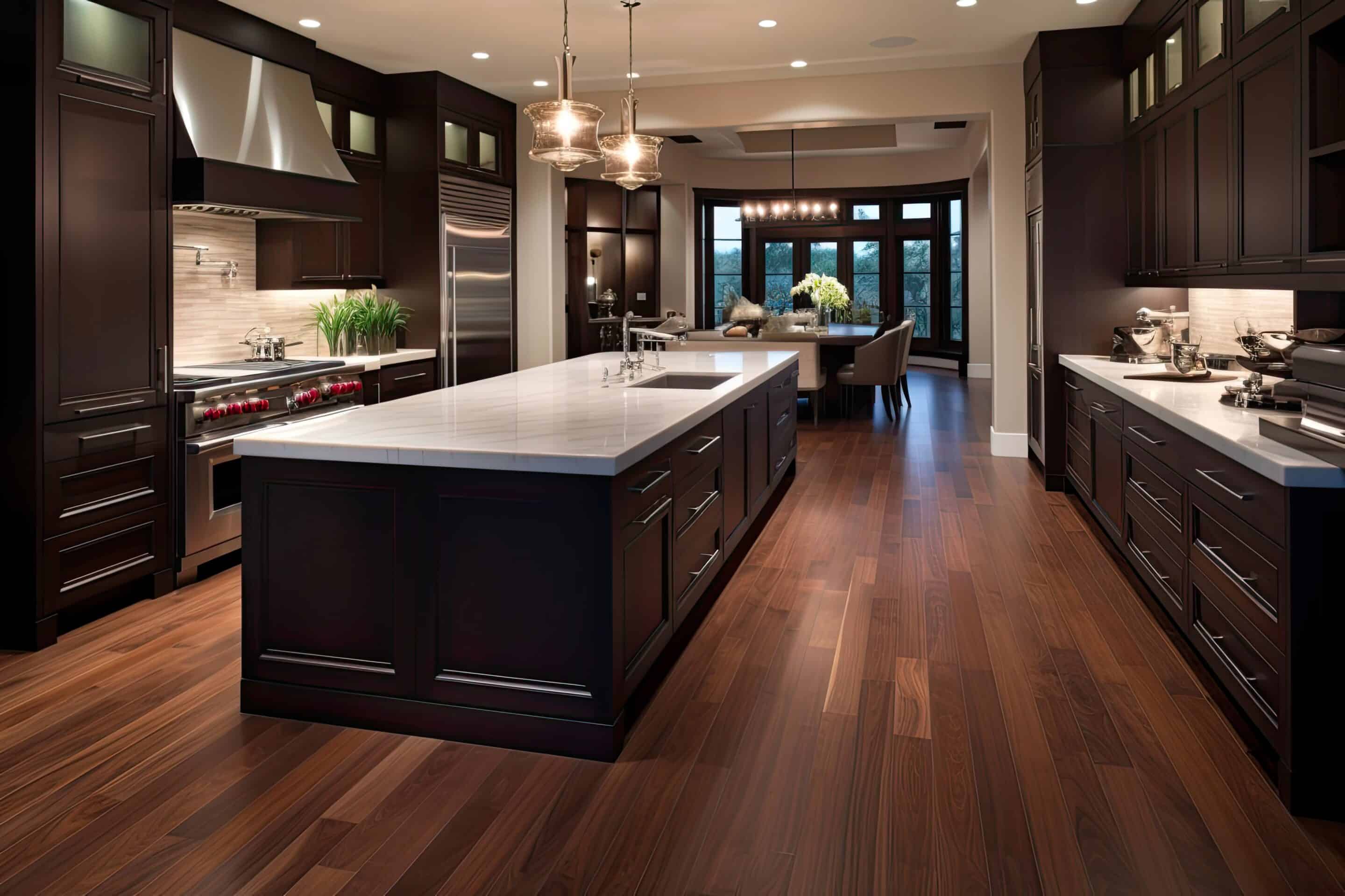 Luxury Custom Kitchen with Beautiful Hardwood Floors and Modern Cabinetry in Light and Dark Tones. Interior Design for Contemporary Home: Generative AI
