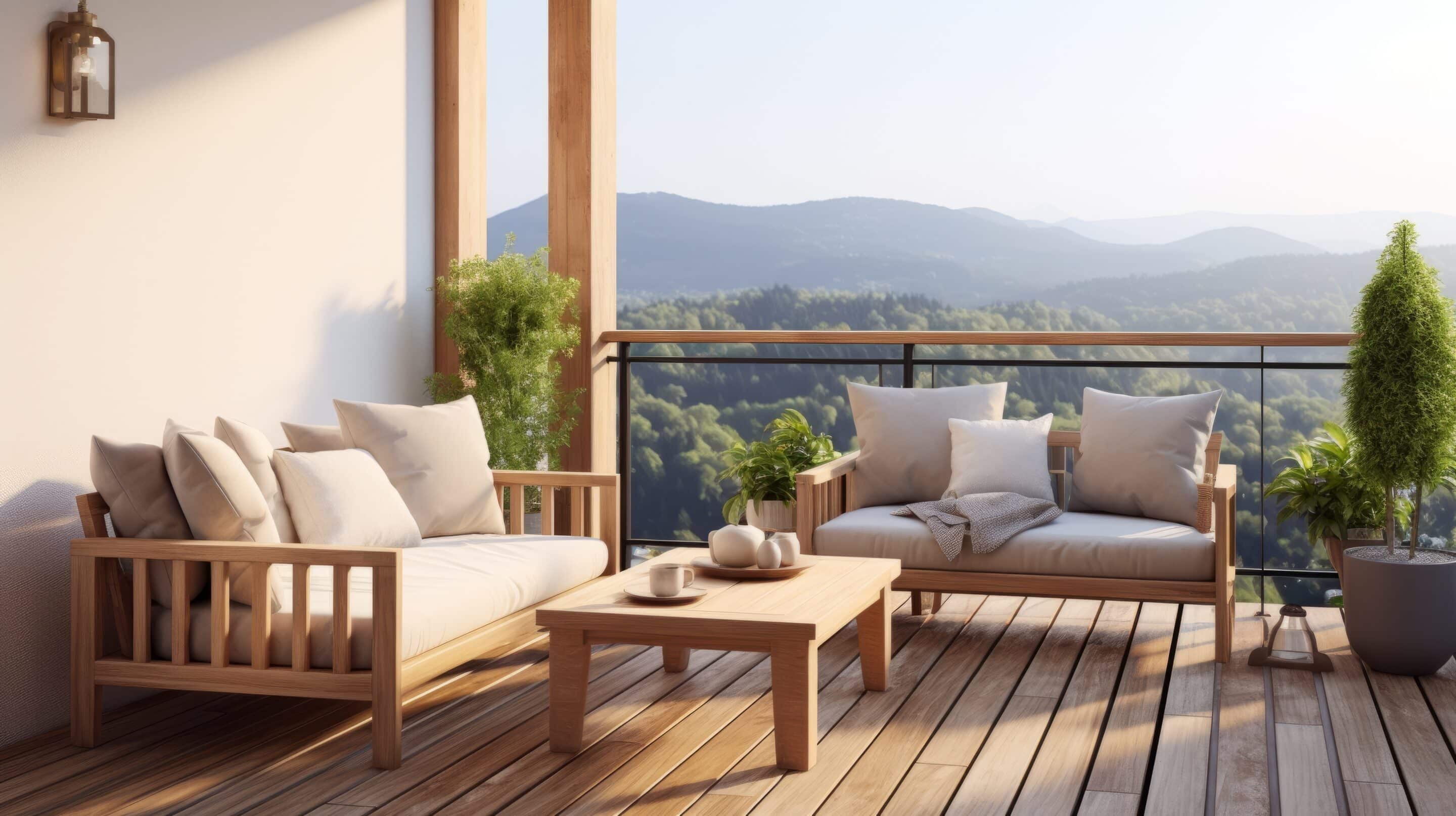 wooden terrace and comfort sofa furniture set on balcony terrace